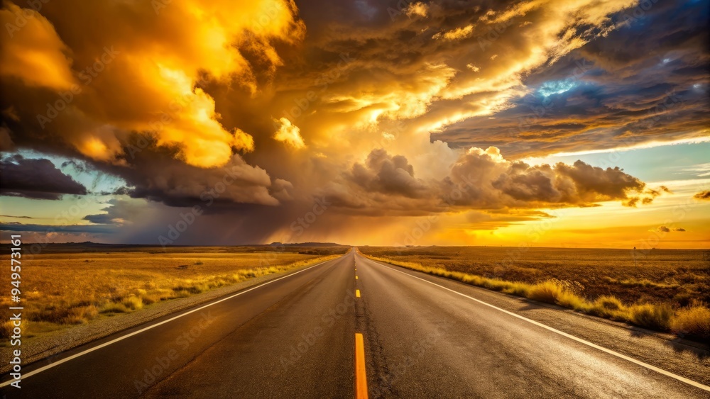 Warm morning light casting long shadows on a desolate highway, with a butter yellow sky above, ominous clouds gathering, dramatic contrast, a realistic photo image. Warm morning light casting long shadows on a desolate highway, with a butter yellow sky above, ominous clouds gathering, dramatic contrast, a realistic photo image.