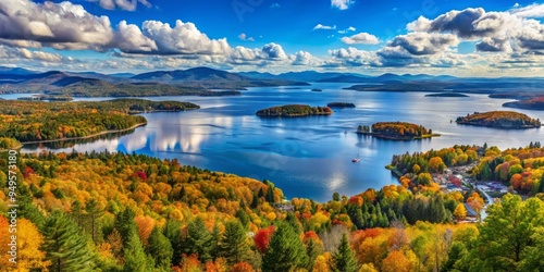 Turquoise waters stretch across the horizon, surrounded by majestic mountains and lush greenery, creating a serene and breathtaking view of Lake Winnipesaukee. photo