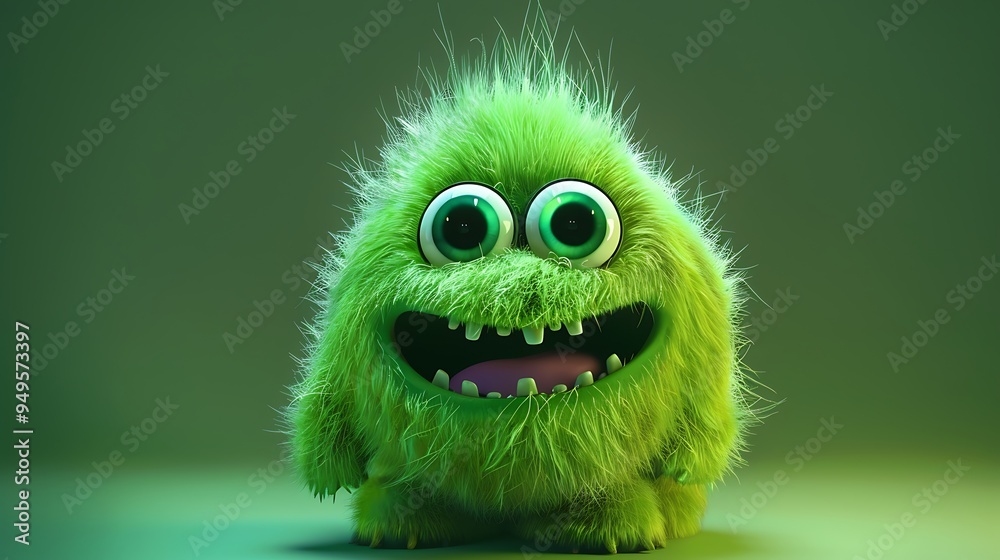Adorable green fuzzy cartoon monster