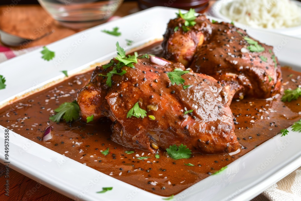A white plate filled with meat covered in spicy and tangy mole sauce, Spicy and tangy flavors of a classic mole sauce drizzled over tender chicken A white plate filled with meat covered in spicy and tangy mole sauce, Spicy and tangy flavors of a classic mole sauce drizzled over tender chicken