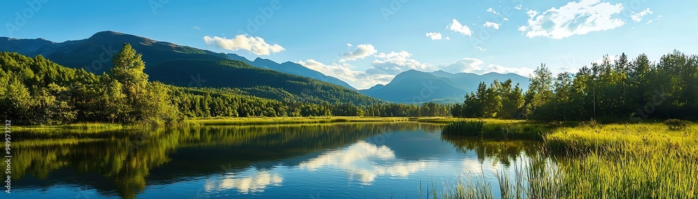 Serene landscape featuring a calm lake surrounded by lush trees and majestic mountains under a bright blue sky. Serene landscape featuring a calm lake surrounded by lush trees and majestic mountains under a bright blue sky.