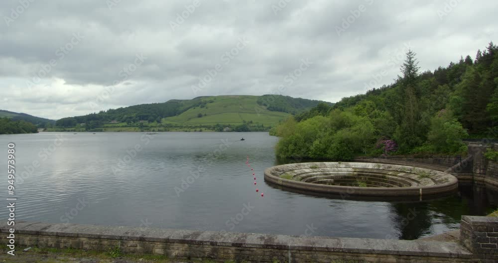 Wide shot of the Bellmouth overflow looking up the Reservoir. On the south east corner of Ladybower Reservoir Wide shot of the Bellmouth overflow looking up the Reservoir. On the south east corner of Ladybower Reservoir