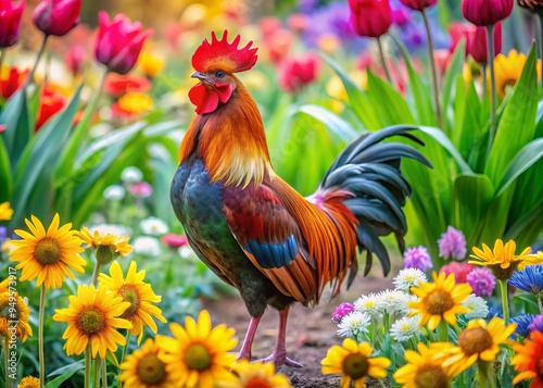 Wallpaper Mural "A photo image of a vibrant rooster standing amidst a lush flower garden, surrounded by blooming daisies, tulips, and sunflowers." Torontodigital.ca
