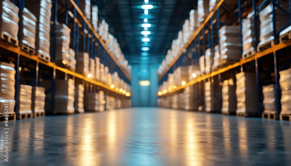 Spacious warehouse interior with stacked pallets and illuminated shelves. Ideal for logistics and storage concepts. Spacious warehouse interior with stacked pallets and illuminated shelves. Ideal for logistics and storage concepts.