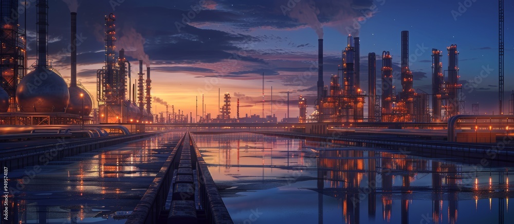 Industrial Complex at Twilight with Reflective Water Industrial Complex at Twilight with Reflective Water