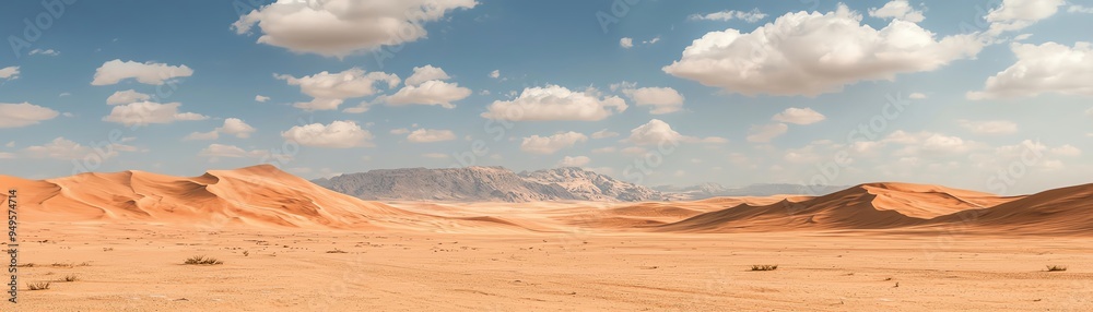 Vast desert landscape featuring golden sand dunes under a bright blue sky with fluffy clouds, perfect for travel and nature themes. Vast desert landscape featuring golden sand dunes under a bright blue sky with fluffy clouds, perfect for travel and nature themes.