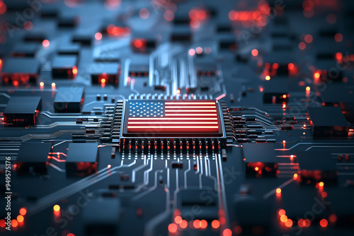 A microchip with the American flag, representing the progress of US technology in AI