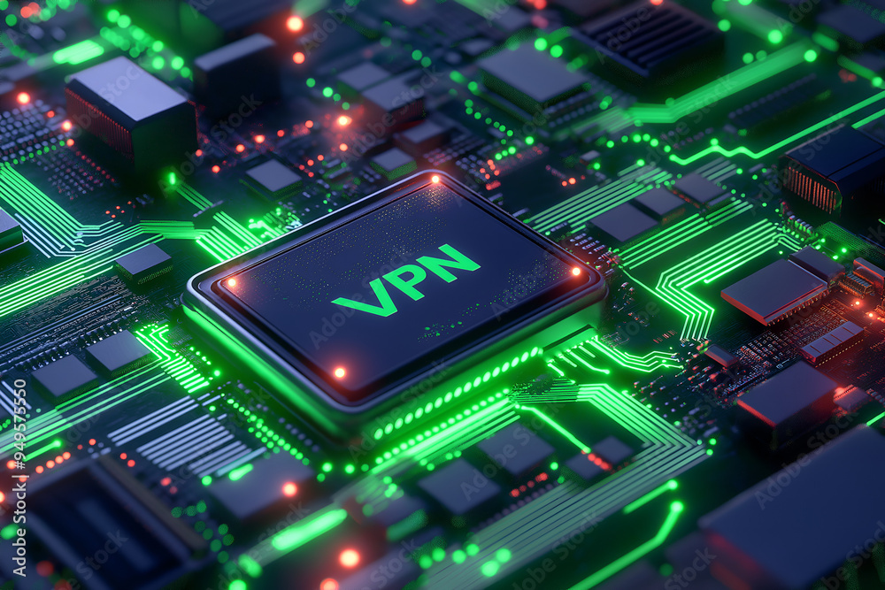 A VPN icon set against a circuit backdrop, representing secure internet connectivity A VPN icon set against a circuit backdrop, representing secure internet connectivity