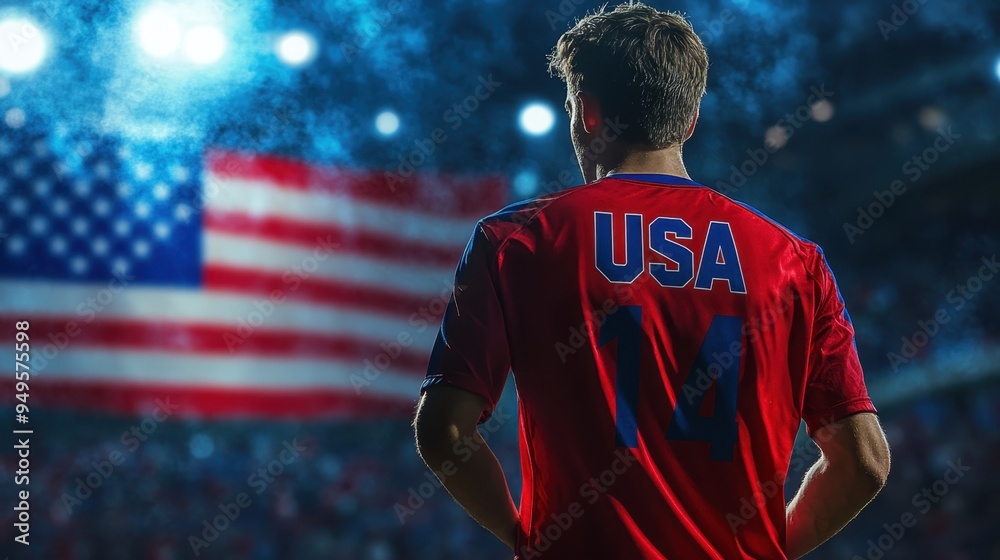 Fototapeta premium Proud American Soccer Player in USA Shirt with Flag Background