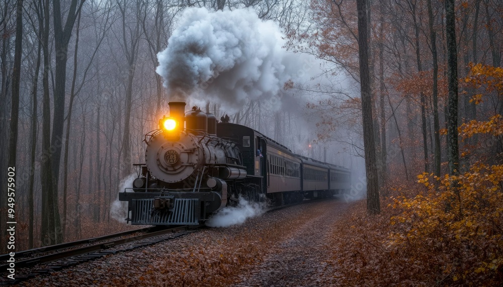 Obraz premium Steam Locomotive Train Emerging from Foggy Forest