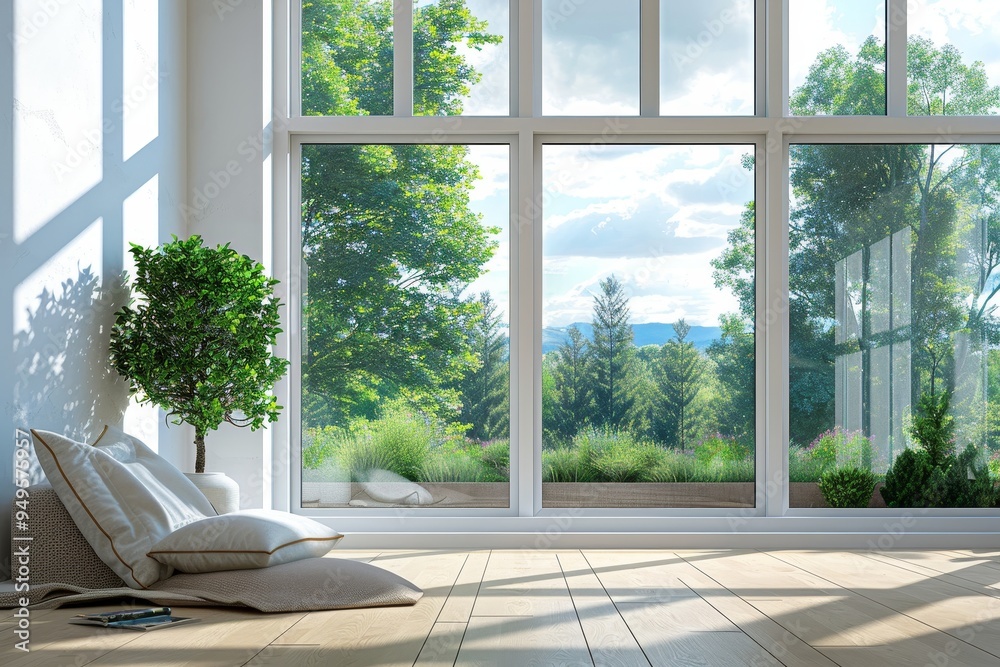 A contemporary living room featuring a large window and a cozy couch, Spotless windows that allow natural light to fill the room without any streaks or smudges A contemporary living room featuring a large window and a cozy couch, Spotless windows that allow natural light to fill the room without any streaks or smudges