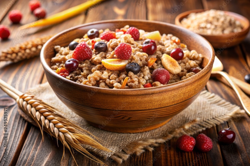 photo image of a bowl filled with a warm and inviting mixture of whole wheat grains and fiber-rich cereal pieces