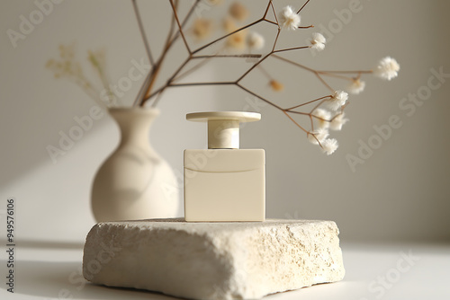 Minimal Swiss Perfume Bottle Product Shot on Plynth in Gallery photo