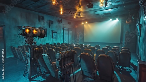 Spooky Silent Movie Theater Party with Old Film Projectors and Seats 32k, photo