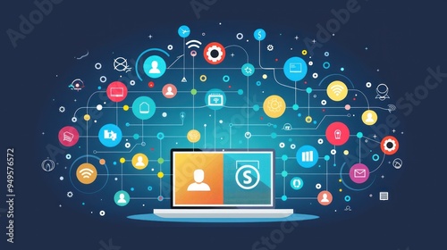 Wallpaper Mural Laptop Connected to Network of Business and Technology Icons Torontodigital.ca