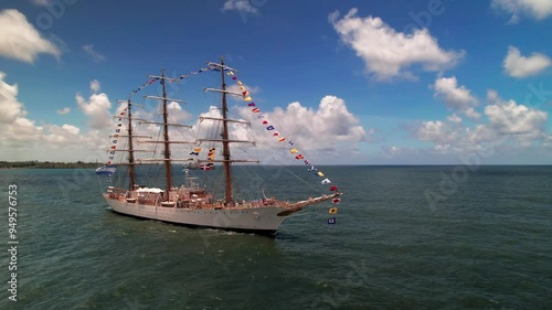 Orbit Aerial of ARA Libertad Frigate Sailing along Santo Domingo Coast, Dominican