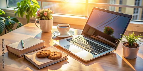 Warmly lit modern website designer's workspace with crunchy chocolate chip cookie crumbs scattered on keyboard, coding books, and laptop amidst soothing pastel hues of morning tranquility. photo