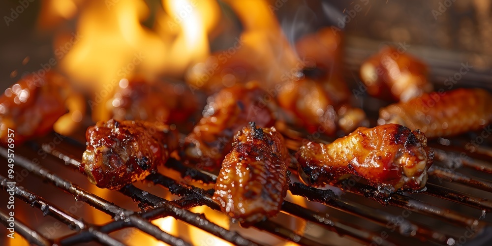 Close-up of Glazed Chicken Wings Grilling Over Flames Close-up of Glazed Chicken Wings Grilling Over Flames