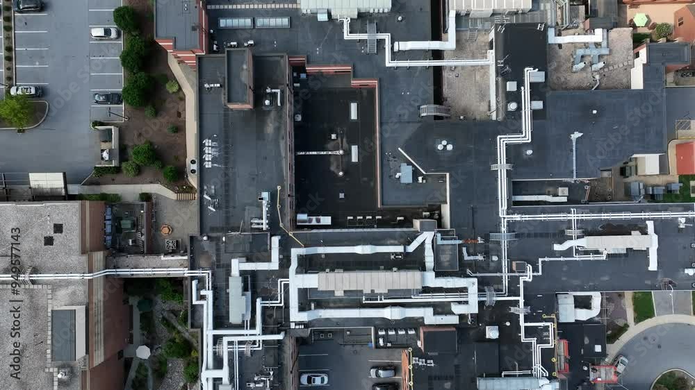 Aerial top down of american hospital building from above. Pipelines and air conditioner on rooftop. Parking cars on parking area. Drone flight ober medical Building in USA. Aerial top down of american hospital building from above. Pipelines and air conditioner on rooftop. Parking cars on parking area. Drone flight ober medical Building in USA.