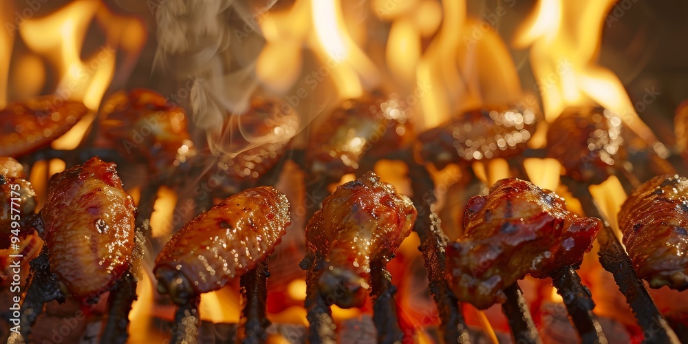 Close-up of Chicken Wings Grilling over Flaming Coals Close-up of Chicken Wings Grilling over Flaming Coals