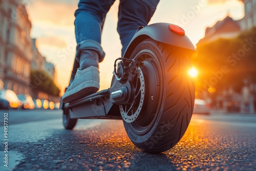 A person on an electric scooter rides in the city at sunset, demonstrating the power and manufacturability of the device photo