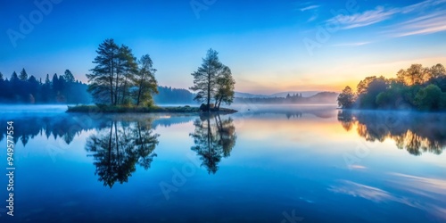 A serene Columbia Blue lake at dawn, reflected symmetry of surrounding trees, soft warm light, misty atmosphere, peaceful mood, a realistic photo image.