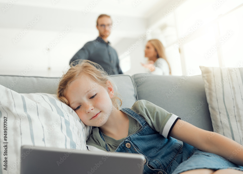 Angry, parents and kid on sofa with tablet for streaming movies, games or child development. Frustrated mom, dad and girl on couch with digital app, concern and stress for online safety risk in home Angry, parents and kid on sofa with tablet for streaming movies, games or child development. Frustrated mom, dad and girl on couch with digital app, concern and stress for online safety risk in home