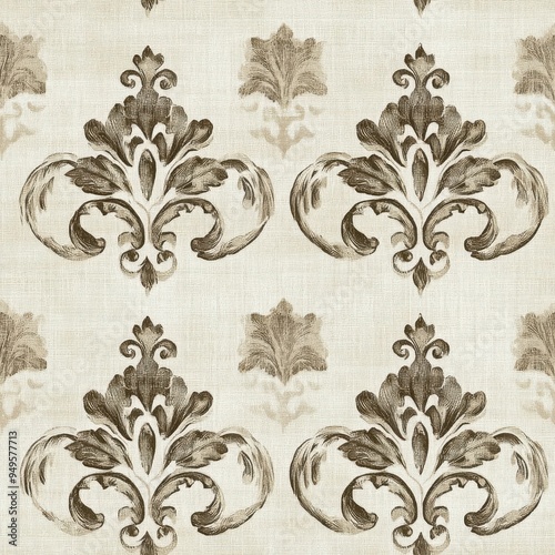 Vintage Baroque cartouche motif pattern on vintage beige fabric background, seamless repeating pattern, textile print style, minimal, Baroque design, seamless cartouche motif pattern