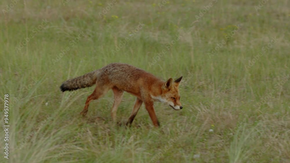 The Dune Fox Of The Netherlands Running On Grassy Land. Tracking Shot