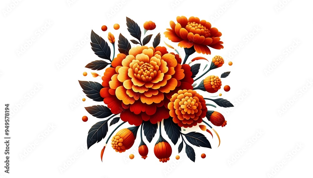 Fototapeta premium Orange and red marigold flowers isolated on white background. Chinese mid autumn festival or toran Indian traditional Diwali decoration. Symbol of mexican holiday Day of dead