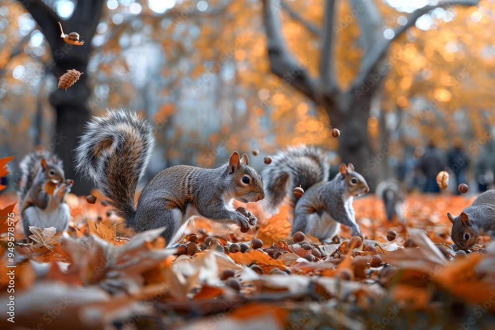 A group of squirrels foraging for acorns as they walk through a forest covered in autumn leaves, Squirrels gathering acorns in a leaf-strewn park A group of squirrels foraging for acorns as they walk through a forest covered in autumn leaves, Squirrels gathering acorns in a leaf-strewn park