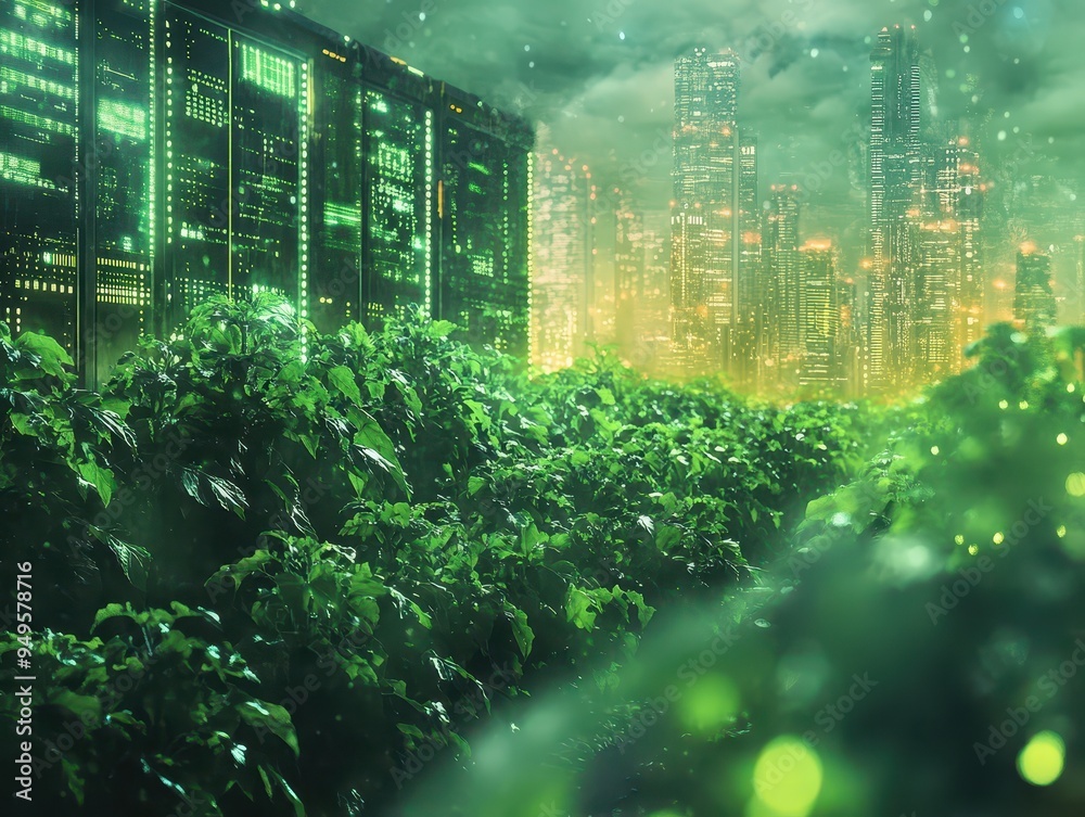 Obraz premium Healthy green crops in an organic farm environment shown in a rich digital artwork