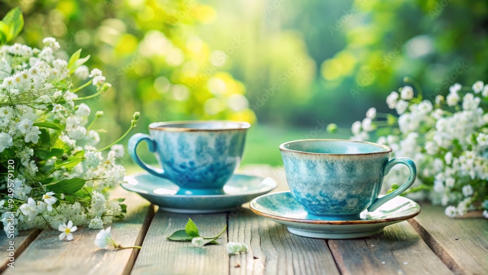 photo image of delicate blue and green watercolor teacups on a worn wooden table with a soft focus, surrounded by lush greenery and wispy white flowers photo image of delicate blue and green watercolor teacups on a worn wooden table with a soft focus, surrounded by lush greenery and wispy white flowers