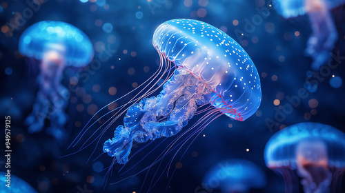 Glowing jellyfish in deep blue ocean, illuminating their surroundings, underwater glowtime, captivating and surreal marine life