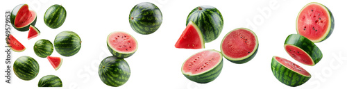 Whole and sliced watermelons with seeds isolated on transparent background