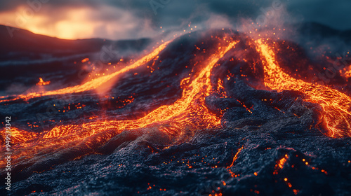 Glowing lava flowing from a volcano at dusk, capturing nature’s raw power, volcanic glowtime, intense and dramatic