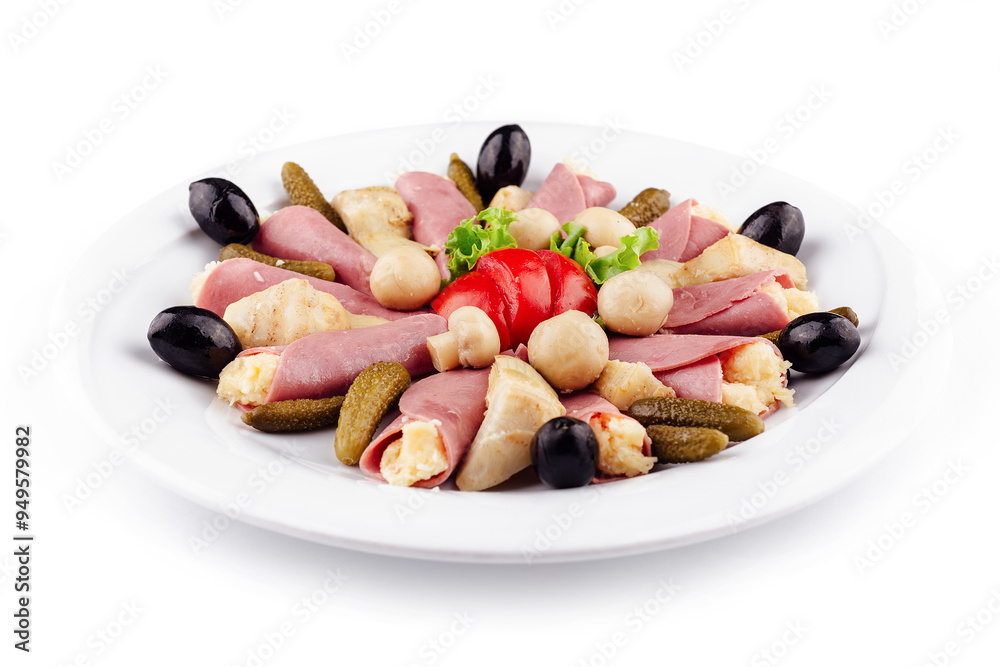 Meat rolls with cheese decorated with mushrooms on white plate Meat rolls with cheese decorated with mushrooms on white plate