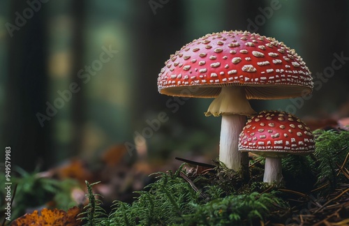 A toxic mushroom is standing next to another one, both in the forest