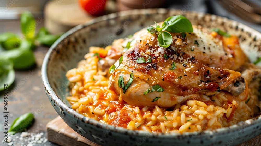 A delicious meal of properly cooked chicken risotto with melted mozzarella on top ofketchup A delicious meal of properly cooked chicken risotto with melted mozzarella on top ofketchup