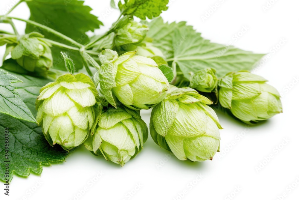 A cluster of fresh green hops rests alongside vibrant leaves on a plain white background, showcasing their unique shape and color in a striking composition A cluster of fresh green hops rests alongside vibrant leaves on a plain white background, showcasing their unique shape and color in a striking composition
