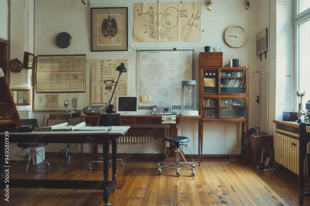 A room packed with various furniture items and a window letting in natural light, Standing in a medical office filled with charts and medical instruments A room packed with various furniture items and a window letting in natural light, Standing in a medical office filled with charts and medical instruments