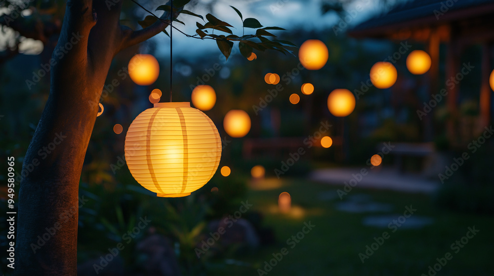 Fototapeta premium Glowing paper lanterns in a tranquil night garden, capturing a sense of peace, garden glowtime, soft and calming