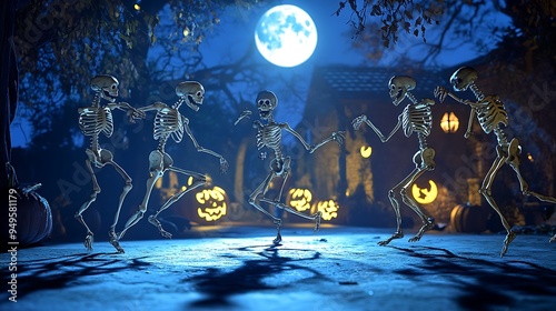 Creepy shadows and skeletons dancing under the moonlight, Halloween festive scene. 32k, photo