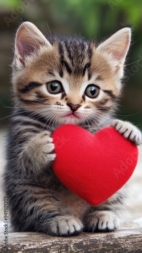 A sweet kitten gently cradles a bright red heart, showcasing its playful and affectionate nature in a serene outdoor environment