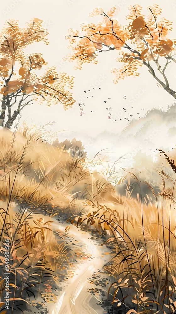 Obraz premium chinese paintings of an autumn landscape with a trail of grass illustration poster background