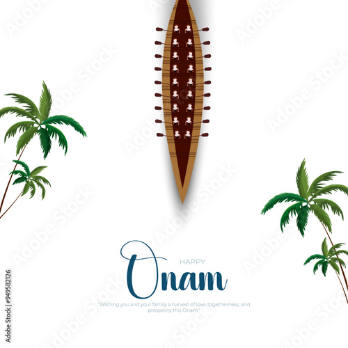 Happy Onam Post and Greeting Card. Minimal and Modern Onam Festival Poster and Flyer Template with Text and Onam Boat Race Vector Illustration