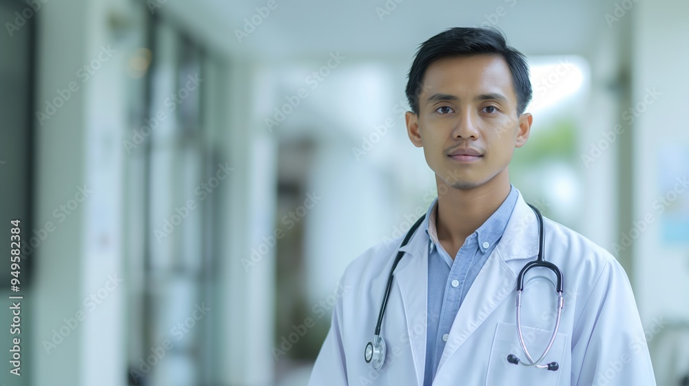 Confident Male Doctor with Stethoscope in a Hospital Setting Confident Male Doctor with Stethoscope in a Hospital Setting
