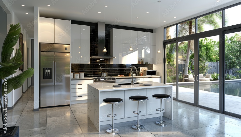 Modern Kitchen with Stainless Steel Appliances and a View of a Pool Modern Kitchen with Stainless Steel Appliances and a View of a Pool