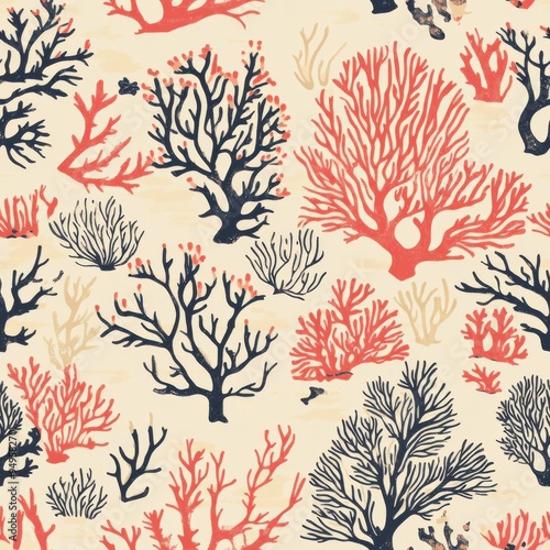 Fototapeta Naklejka Na Ścianę i Meble -  Vintage coral reef pattern on vintage beige fabric background, seamless repeating pattern, textile print style, minimal, nature design, seamless coral reef pattern, home decor, textiles