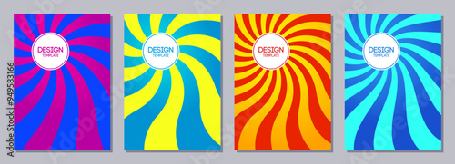 Set of flyers, posters, banners, placards, brochure design templates A6 size. Retro graphic design templates with wavy color stripes. Covers template collection. Vector geometric striped backgrounds.